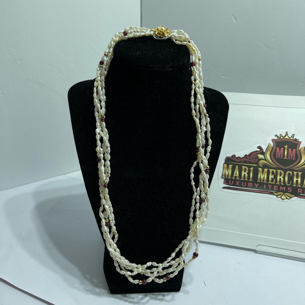 Freshwater Rice Pearls Multistrand mix red stone& gold,silver lock 24 inch.